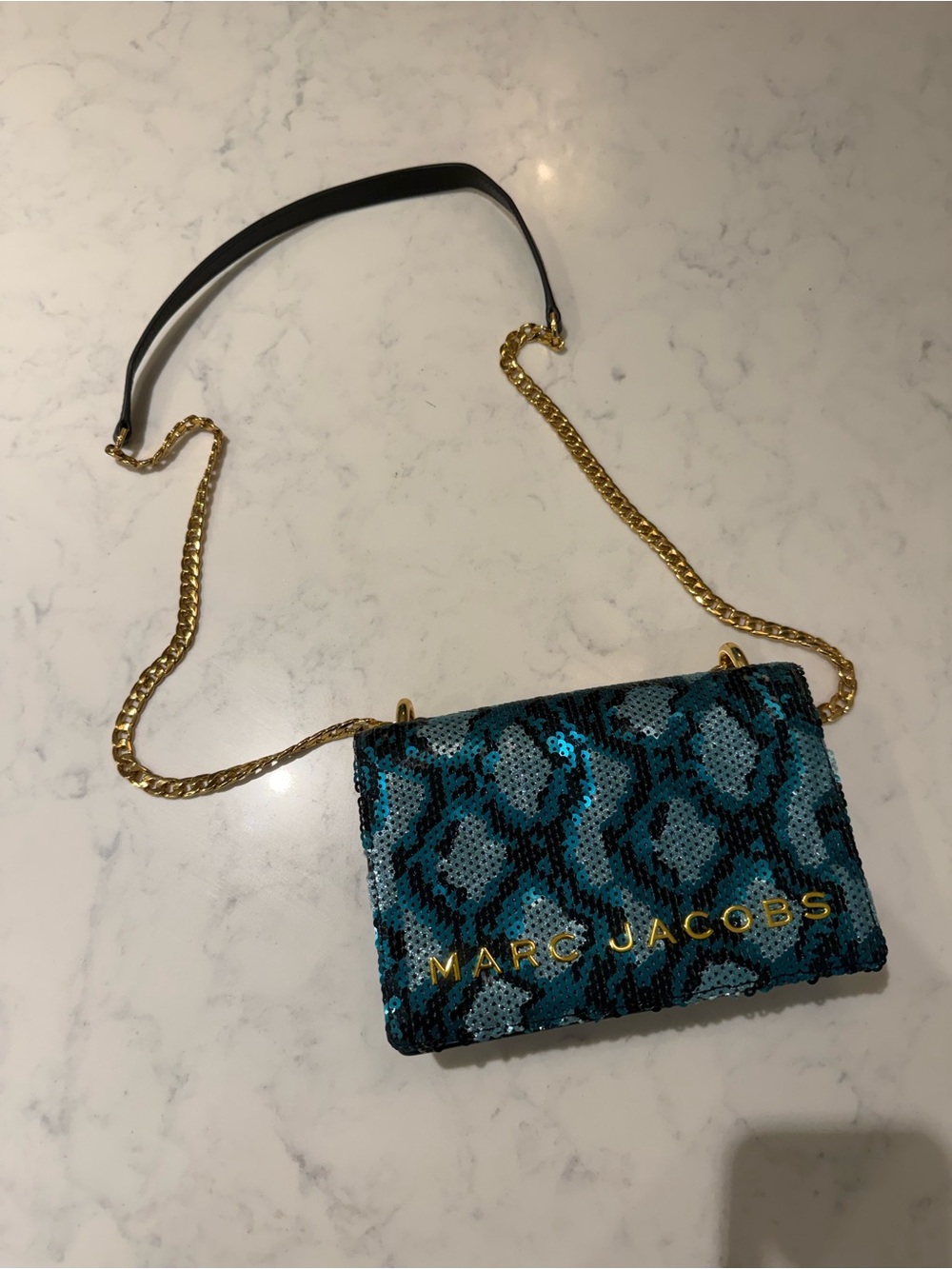 Marc Jacobs Teal & Black Sequin Snake-Print Chain Crossbody